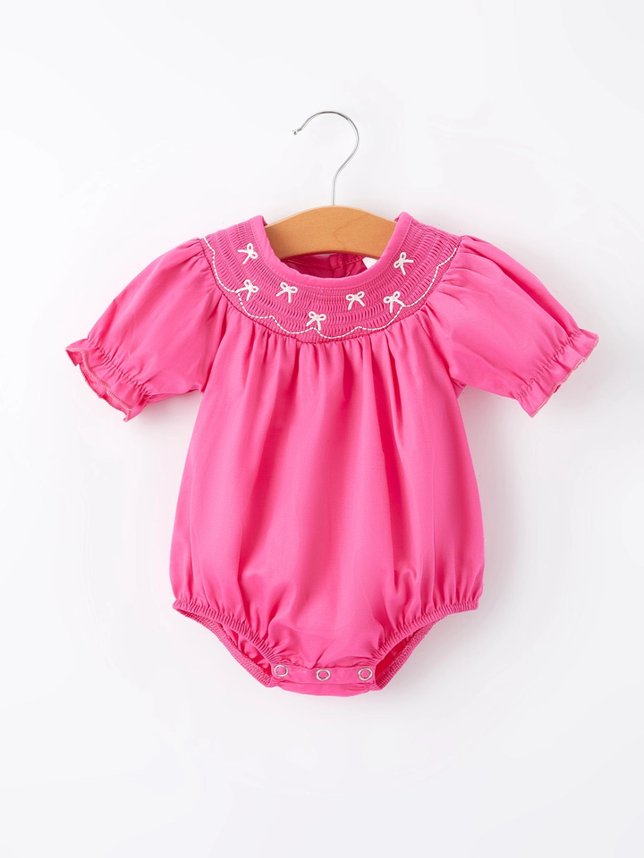 Bow Smocked Romper- Hot Pink