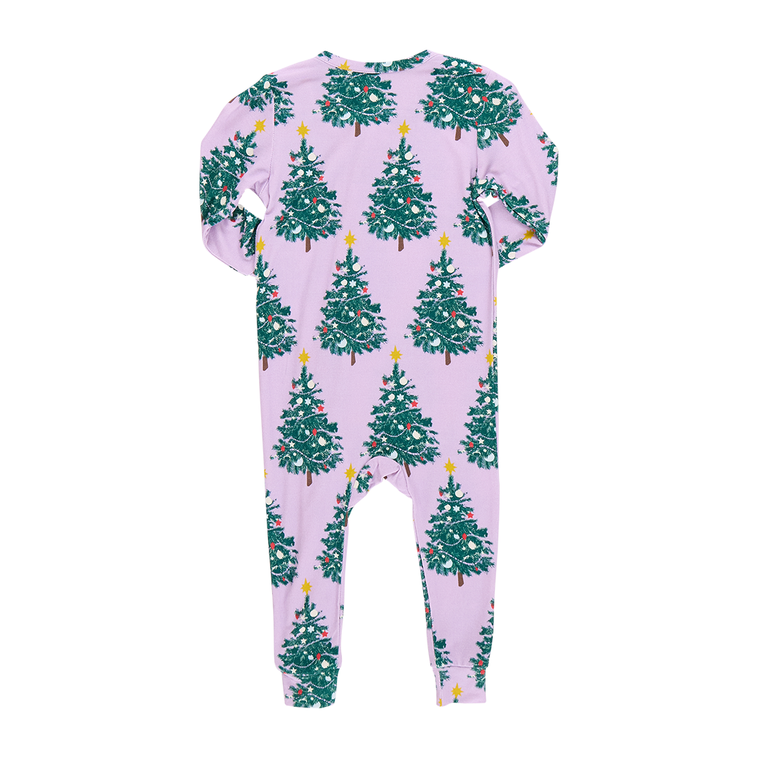 Pink Chicken Bamboo Ruffle Romper in Purple Flocked Tree