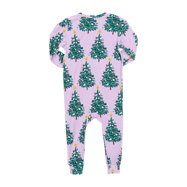 Pink Chicken Bamboo Ruffle Romper in Purple Flocked Tree