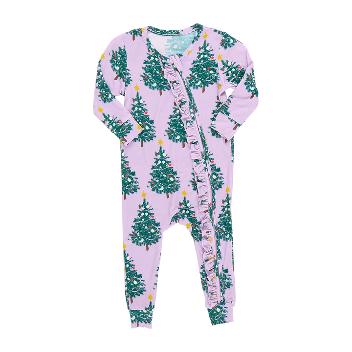 Pink Chicken Bamboo Ruffle Romper in Purple Flocked Tree